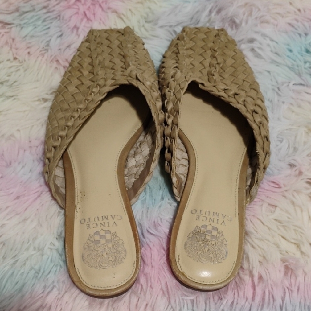 SALE! Vince Camuto Loralee Tan Woven Leather Mules - Picture 8 of 12